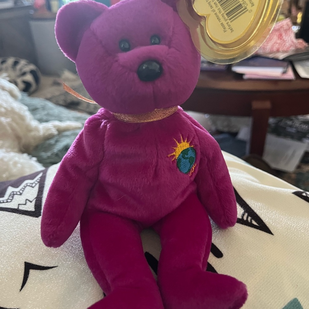 Vibrant Purple Stuffed Bear with Embroidered Design